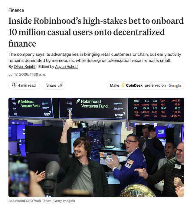 Robinhood CEO Vlad Tenev points upward while celebrating on the NYSE trading floor, with screens displaying "Robinhood Ventures Fund I" priced at $22.06 alongside market tickers like TSLA, GDM, ICE, and BRNT, illustrating the company's push to onboard its 10 million+ retail users into decentralized finance through tokenized assets and crypto products.