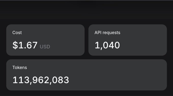 A dark dashboard interface displays three statistics: 'Cost $1.67 USD', 'API requests 1,040', and 'Tokens 113,962,083'.