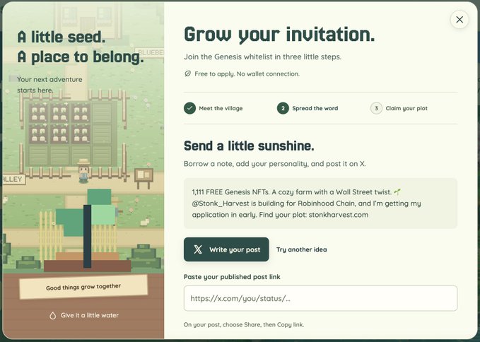 The image displays a "Grow your invitation" pop-up from Stonk_Harvest, showing three steps (Meet the village, Spread the word, Claim your plot) and a sample X post promoting 1,111 free Genesis NFTs from a cozy farm-themed project, aligning with the accompanying text about applying for the 1,111 supply, free mint Stonk Harvest whitelist.
