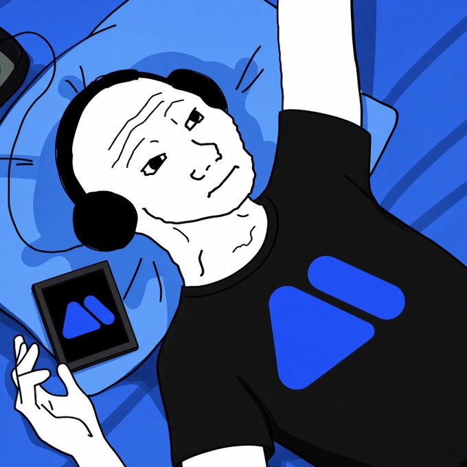 A stylized cartoon drawing of a man wearing headphones and a black t-shirt with a blue play-button logo, holding a small device against a blue background.