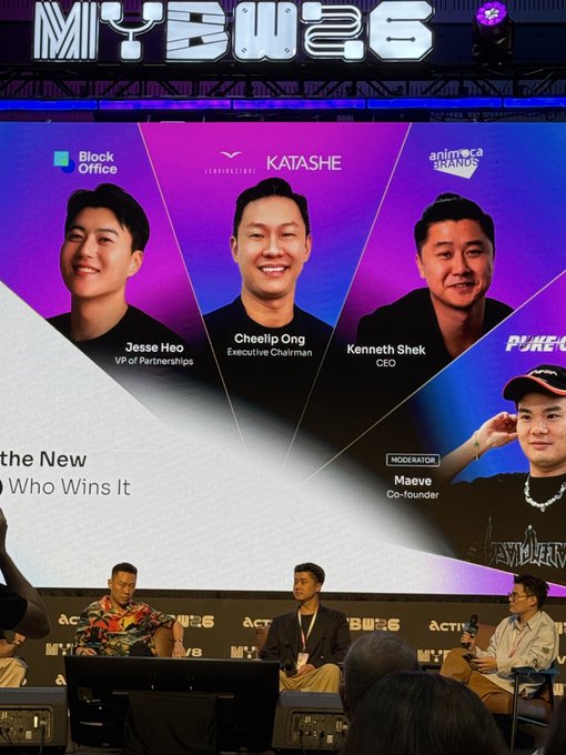 A panel discussion at MYBW26 featuring Jesse Heo, Cheelip Ong, Kenneth Shek, and moderator Maeve, with logos for Block Office and Katashe visible on the backdrop.
