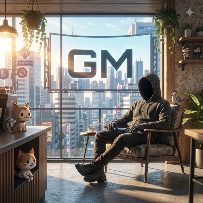An anime-style illustration of a hooded figure with a blank face sitting in a chair in a high-rise apartment overlooking a city, with cute cat figurines nearby and a large 'GM' sign visible on the window.