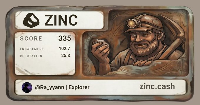 The image features a cartoon depiction of a man wearing a hat with a pickaxe, holding a piece of metal or stone above his head. The caption below the image reads "335 on @zinc_cash" which seems to be a reference to the cryptocurrency Zinc Cash.