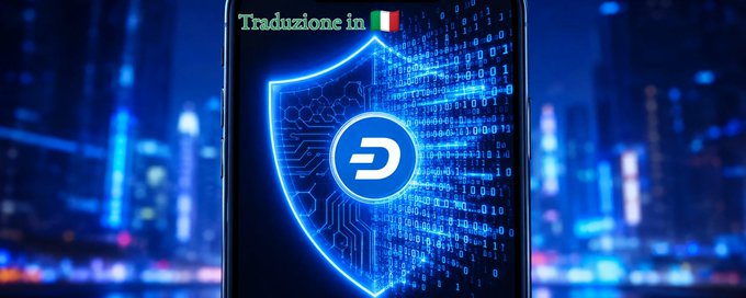 A promotional banner showing a smartphone displaying a blue shield with the DASH (D) logo and the text 'Traduzione in' alongside an Italian flag, set against a digital code background with a city skyline.