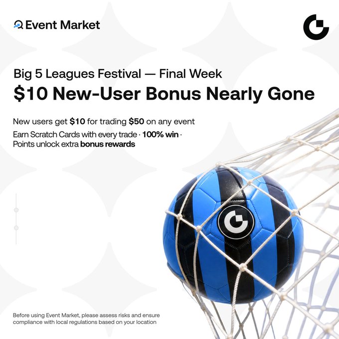 A promotional graphic for Event Market's "Big 5 Leagues Festival" featuring a soccer ball in a net, advertising a $10 new-user bonus for trading $50, with scratch card rewards and bonus point incentives as the final week approaches.