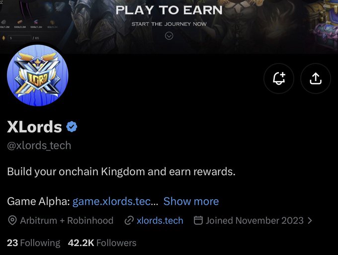 This image shows the XLords Twitter/X profile page (@xlords_tech) with their verified account displaying 42.2K followers, featuring a "PLAY TO EARN" banner and a bio that reads "Build your onchain Kingdom and earn rewards." The profile promotes their Game Alpha on Arbitrum and Robinhood, aligning with the post's announcement about secured freemint spots and an upcoming raffle for the project's community.