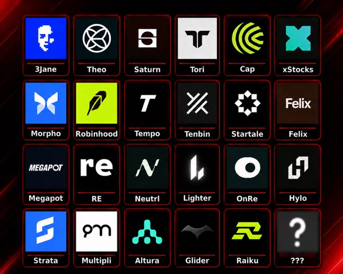 A grid displaying 23 cryptocurrency/DeFi project logos including 3jane, Theo, Saturn, Tori, Morpho, Robinhood, Tempo, Tenbin, Startale, Felix, Megapot, RE, Neutrl, Lighter, OnRe, Hylo, Strata, Multipli, Altura, Glider, Raiku, and an undisclosed mystery project marked "???" set to be revealed on the 24th. The image serves as a teaser showcasing various supported platforms for USDC/USDT deposits on the Ethereum L1 network ahead of the upcoming logo reveal announcement.