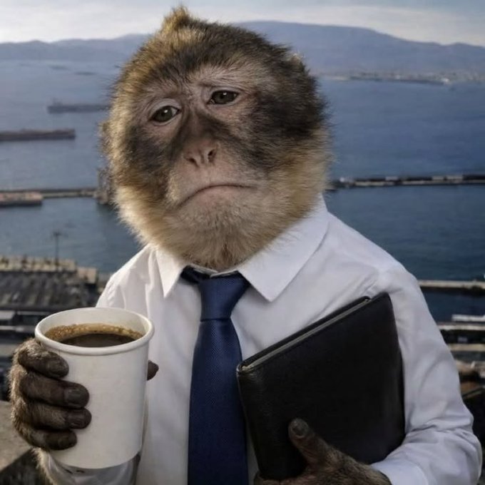 A humorous meme image of a monkey dressed in a white shirt and blue tie, holding a coffee cup and a black folder/tablet against a backdrop of a port city.