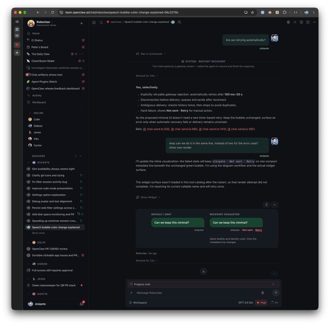 A Linear issue thread showing a discussion about a "Speech bubble color change" bug, where developers like Vlad, stepanle, and stephan debug a retry mechanism issue with "Not sent" and "Retry" states, displaying screenshots of the bubble UI in both default/sent and recovery exhausted states. The image relates to the post about OpenClaw appearing polished, as it documents the collaborative debugging of interface polish issues in the application.