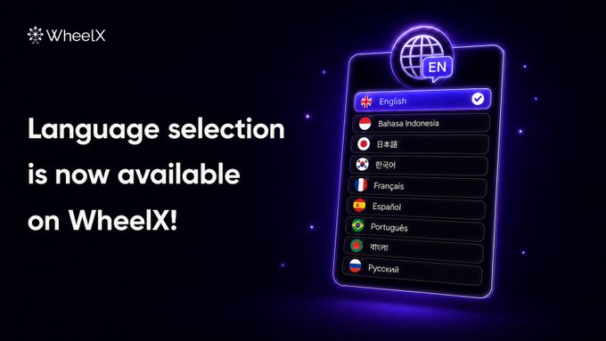 An announcement for WheelX stating 'Language selection is now available on WheelX!' with a list of languages including English, Bahasa Indonesia, Japanese, Korean, French, Spanish, Portuguese, Bengali, and Russian.