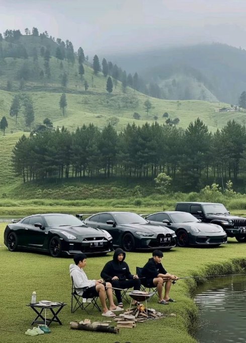 Three young men sit in camping chairs beside a crackling campfire by a misty mountain pond, with a striking lineup of high-performance vehicles—including a dark Aston Martin, BMW M4, Ferrari, Porsche, and Jeep Wrangler—parked on the grass behind them, creating a luxurious outdoor retreat that perfectly captures the wealthy, car-enthusiast lifestyle associated with the "GM CT" aesthetic.