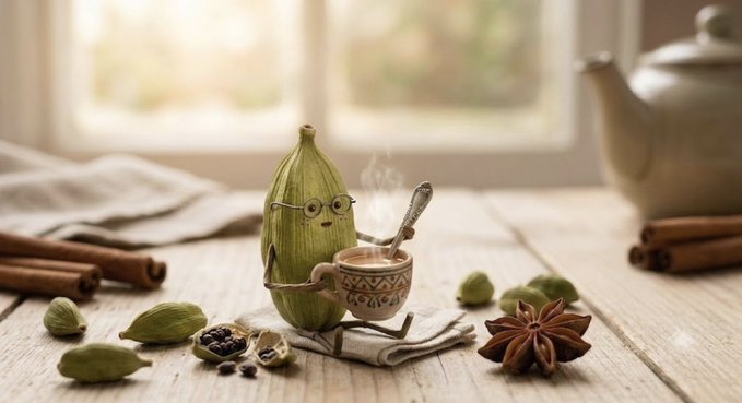 A whimsical scene of a small green pod-like creature wearing glasses holding a steaming cup of tea with cinnamon sticks, surrounded by star anise, peppercorns, and cardamom pods on a wooden table, with a white teapot in the background.
