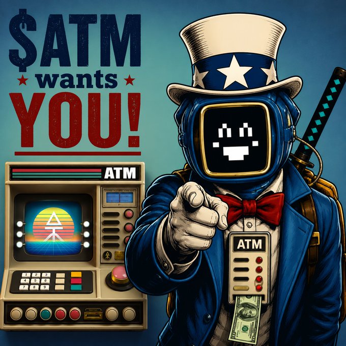 The image features an illustration of a robot wearing a suit, hat, and bowtie with a smiley face. The robot appears to be smiling at the camera while pointing towards the viewer. The background of the image has a blue color scheme, which complements the overall design of the robot's outfit. The text "$ATM on the XRPL wants YOU To post about us. To reply to posts anywhere and everywhere. To make content. To create stories. To share your vision." is written in white letters above the robot, indicating that this image is related to a specific project or collection named "$.ATM on the XRPL wants YOU To post about us. To reply to posts anywhere and everywhere. To make content. To create stories. To share your vision." The robot's outfit includes a tie with money symbols, suggesting that it might be an ATM-themed project or collection.