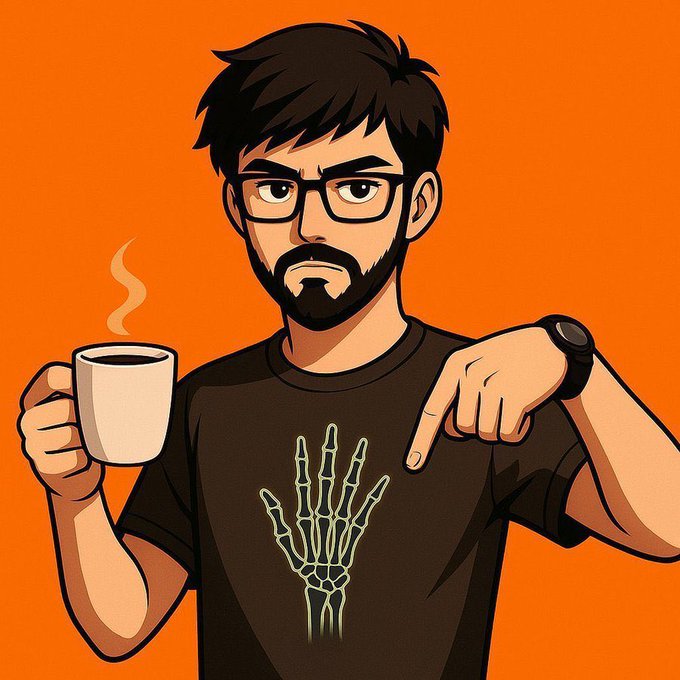 An anime-style illustration of a bearded man wearing glasses and a skeleton-hand t-shirt, holding a steaming coffee mug in one hand and pointing at it with the other against an orange background.