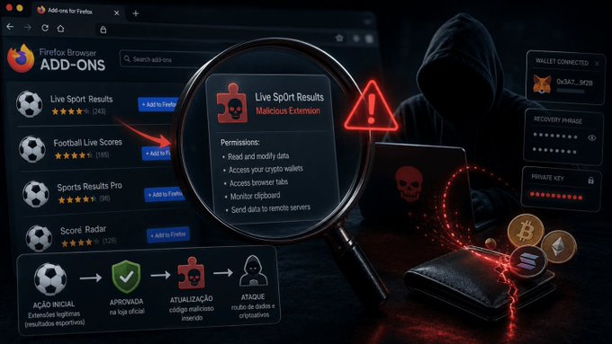 A graphic warning about malicious Firefox extensions targeting crypto users, showing a hooded figure with a skull laptop and digital wallet, with text reading "Live Sport Results Malicious Extension" alongside permissions including "Read and modify data," "Access your crypto wallets," and "Send data to remote servers," illustrating how fake browser add-ons drain digital wallets.