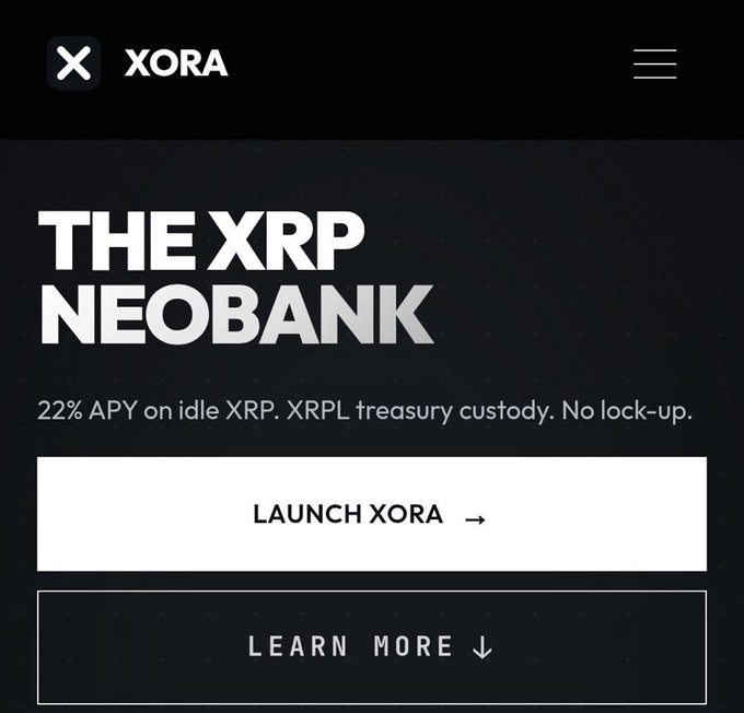 The image shows a promotional website for Xora Finance featuring the headline "THE XRP NEOBANK" with text highlighting "22% APY on idle XRP. XRPL treasury custody. No lock-up," along with "LAUNCH XORA" and "LEARN MORE" buttons. The design visually supports the post's announcement of Xora building an XRP-native neobank on the XRP Ledger, showcasing its key features like 22% APY yields, on-chain custody, and Visa debit card integration.
