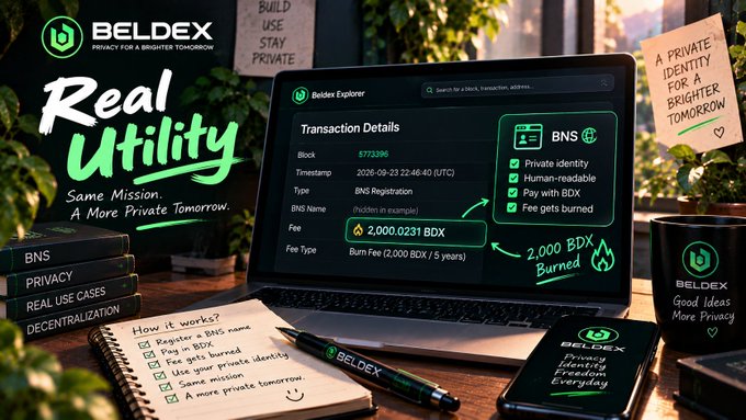 A promotional graphic for 'BELDEX Real Utility' showing a laptop displaying transaction details for a BNS registration, with branding elements like 'Privacy for a Brighter Tomorrow'.