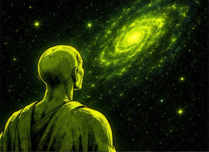 A stylized green-tinted illustration of a bald humanoid figure from behind, gazing at a swirling spiral galaxy and starry sky.