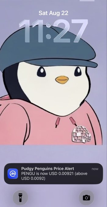 A phone lock screen dated Sat Aug 22 at 11:27 features a cartoon penguin wearing a blue cap and pink hoodie, with a notification reading 'Pudgy Penguins Price Alert: PENGU is now USD 0.00921 (above USD 0.0092)'.