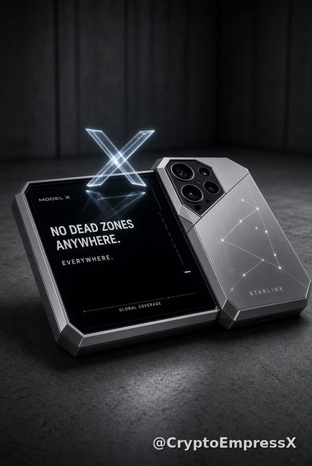 Advertisement image showing a phone called "MODEL X" with text "NO DEAD ZONES ANYWHERE. EVERYWHERE." and "STARLINK", with the watermark "@CryptoEmpressX".
