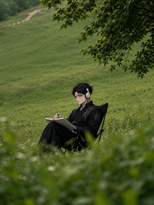 An anime-style illustration of a dark-haired young man wearing headphones and glasses, sitting on a folding chair in a grassy meadow and writing in a notebook.