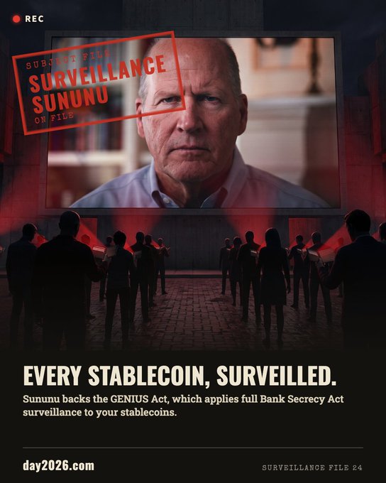 A politically-themed graphic featuring a surveillance stamp over a man's face, with the text 'EVERY STABLECOIN, SURVEILLED.' criticizing Sununu for backing the GENIUS Act.
