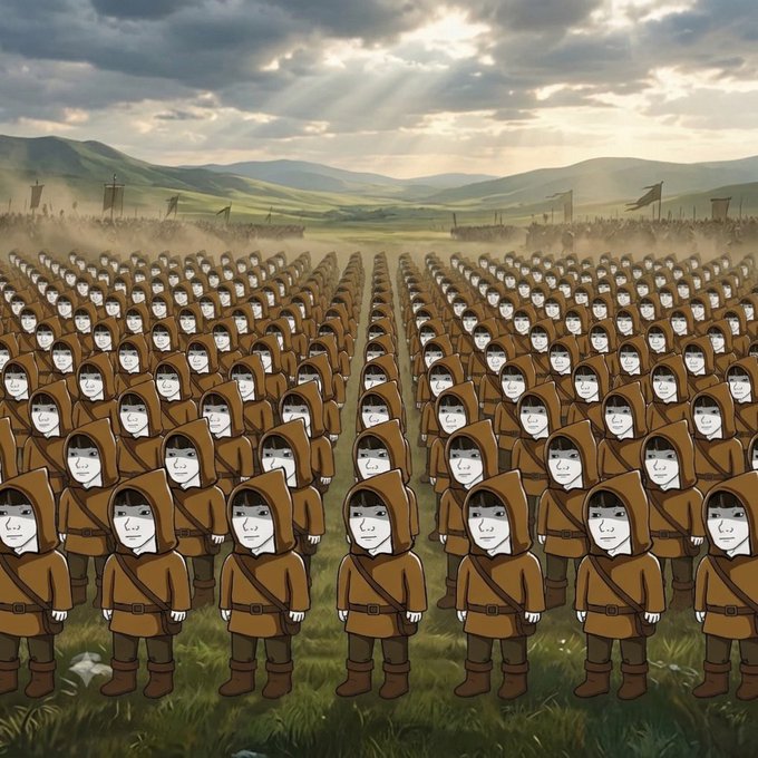 Rows of identical cartoon figures in brown hooded outfits stand in formation across a grassy field, with distant armies and banners on the horizon under a cloudy sky. The image plays on the "$HOODIE" ticker by depicting a literal army of hoodies, personifying the stock symbol.