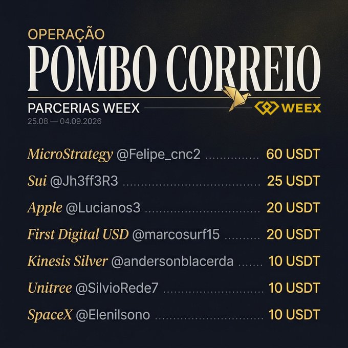 A dark blue promotional poster for 'OPERAÇÃO POMBO CORREIO' by WEEk, listing partnership rewards in USDT including MicroStrategy (60 USDT), Sui (25 USDT), Apple (20 USDT), First Digital USD (20 USDT), Kinesis Silver (10 USDT), Unitree (10 USDT), and SpaceX (10 USDT), dated 25.08 – 04.09.2026.