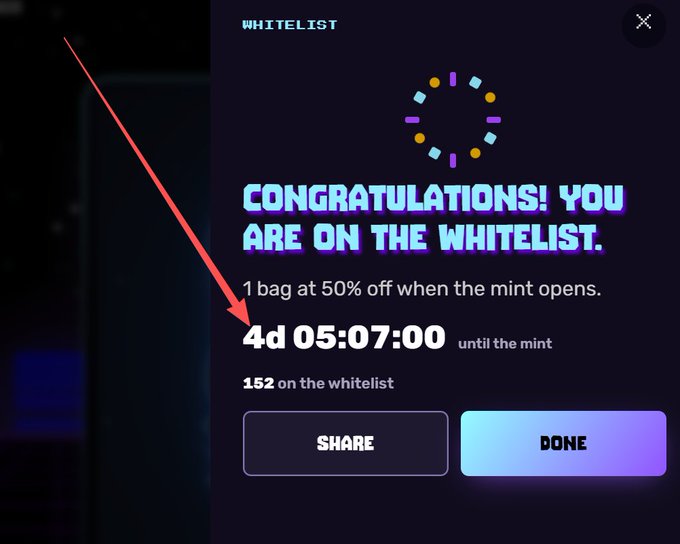 A digital screenshot showing a "WHITELIST" confirmation message that reads "CONGRATULATIONS! YOU ARE ON THE WHITELIST." with details "1 bag at 50% off when the mint opens," a countdown of "4d 05:07:00 until the mint," and "152 on the whitelist," with a red arrow pointing to the text.