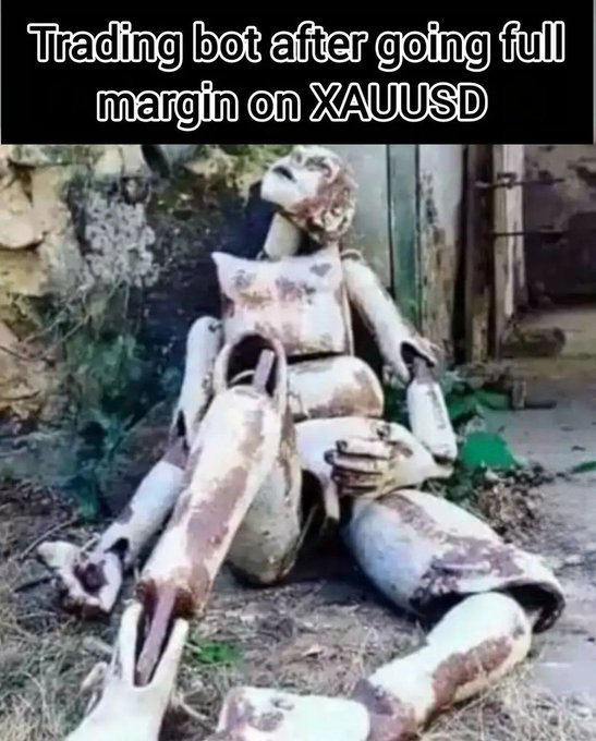A humorous meme showing a heavily damaged mannequin with the text 'Trading bot after going full margin on XAUUSD'.