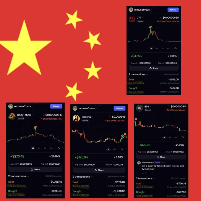 A collage of four memecoin trading screenshots from user remusofmars overlaid on a Chinese flag background, showing closed positions with profits on coins named 777, Baby-chan, Tanisha, and Bird, with varying gains ranging from +6.28% to +27.49%.