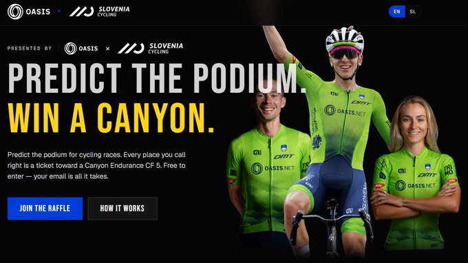 A promotional banner for the Oasis x Slovenia Cycling challenge featuring three cyclists in bright green jerseys, with the headline "PREDICT THE PODIUM. WIN A CANYON" and details about a raffle for a Canyon Endurance CF 5.5 bike, tying directly to the post's call to predict cycling race winners for $ROSE rewards.