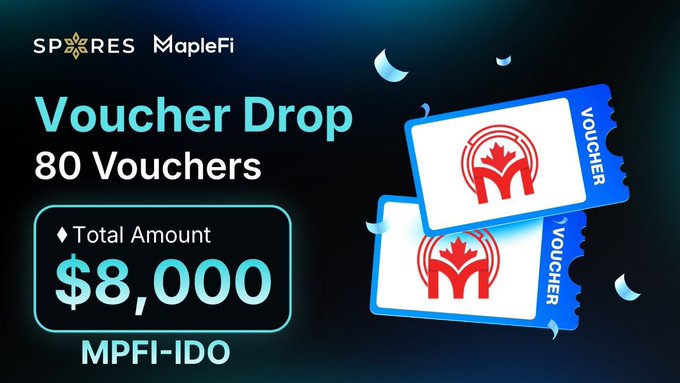 Promotional graphic for the MPFI-IDO Voucher Drop on Spores Network, featuring MapleFi branding and announcing 80 vouchers totaling $8,000, which ties into the post about the MapleFiSwap AIONEX IDO offering early access to AI-powered DeFi liquidity infrastructure.