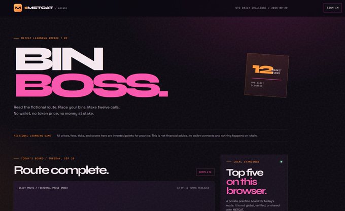 Screenshot of the MetCat Arcade web platform showing a 'BIN BOSS.' learning arcade and '12 HOURS' daily challenge reward card with the tagline 'Read the fictional route. Place your bins. Make twelve calls.'