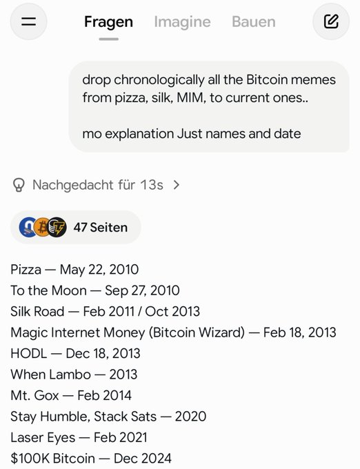 A screenshot of a chat interface titled "Fragen" shows a user requesting a chronological list of Bitcoin memes, with the AI response listing 10 memes including "Pizza — May 22, 2010," "To the Moon — Sep 27, 2010," "HODL — Dec 18, 2013," and "$100K Bitcoin — Dec 2024." The accompanying post about owning 24 BTC-paired memes relates to the image by highlighting the cultural significance and collectible nature of these iconic Bitcoin memes listed chronologically.