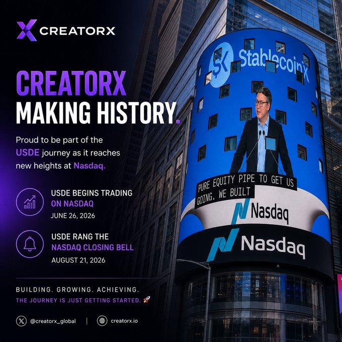 The image is a promotional graphic from CreatorX celebrating its role in StablecoinX's ($USDE) Nasdaq milestones, featuring the Nasdaq building with a large screen displaying the StablecoinX logo, a speaker at a podium, and the Nasdaq branding. Key text highlights that USDE begins trading on Nasdaq on June 26, 2026, and rang the Nasdaq Closing Bell on August 21, 2026, with the tagline "CREATORX MAKING HISTORY" and "Building. Growing. Achieving. The Journey Is Just Getting Started." The image directly reinforces the accompanying post by visually showcasing CreatorX's involvement in USDE's historic Nasdaq trading debut and Closing Bell ceremony.