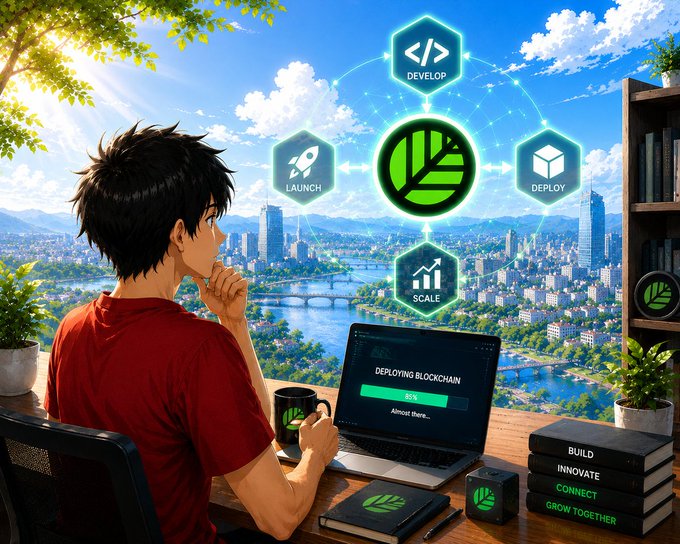 An anime-style illustration shows a young man looking out a window at a city while his laptop displays "DEPLOYING BLOCKCHAIN 95%"; floating hexagonal icons represent Develop, Deploy, Scale, and Launch, with stacked books reading "BUILD, INNOVATE, CONNECT, GROW TOGETHER."
