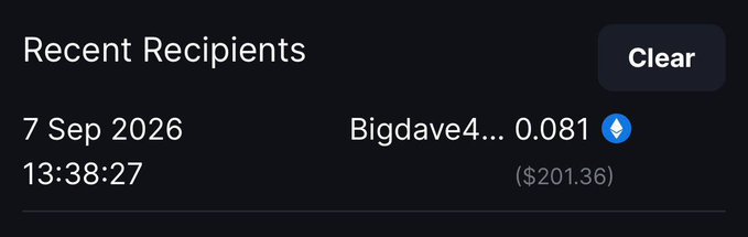 A screenshot of a "Recent Recipients" transaction history showing a payment of 0.081 ETH ($201.36) sent to "Bigdave4..." on 7 Sep 2026 at 13:38:27, with a "Clear" button in the top right corner. The record confirms the $200 prize mentioned in the post, verifying the user as the recent recipient of the funds.