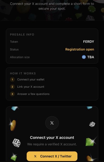 The image shows a presale registration page for the FERDY token, featuring a "Connect your X account" prompt with instructions to link a wallet, X account, and answer questions to secure a spot. This aligns with the post offering free mint whitelist (WL) spots, likely sharing early access opportunities for the FERDY token presale.