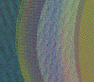 Abstract digital artwork displaying wavy, textured patterns in a gradient of teal, blue, pink, and yellow-green hues.