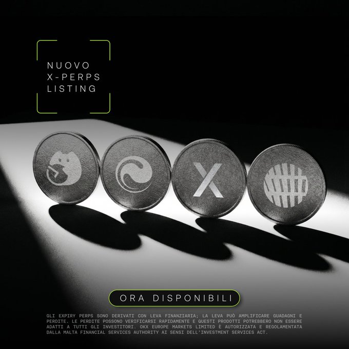 A dark, dramatic promotional image announcing 'NUOVO X-PERPS LISTING' (New X-Perps Listing), showing four coins on a lit surface with the text 'ORA DISPONIBILI' (Now Available) and a risk disclaimer in Italian.