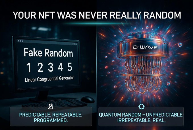 A split-screen graphic with the headline "YOUR NFT WAS NEVER REALLY RANDOM" contrasts a computer monitor displaying "Fake Random 1 2 3 4 5 - Linear Congruential Generator" labeled "PREDICTABLE. REPEATABLE. PROGRAMMED." against a D-Wave quantum processor labeled "QUANTUM RANDOM - UNPREDICTABLE. IRREPEATABLE. REAL," visually illustrating QuipNetwork's use of D-Wave's Quantum Echoes to replace pseudo-random NFT minting with genuine quantum randomness.