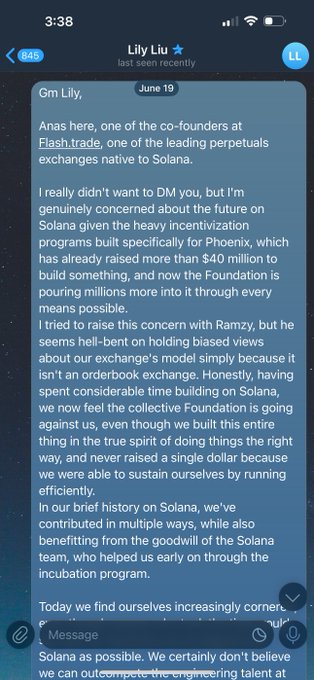 A Telegram conversation from an unnamed user to "Lily Liu" featuring a message from "Gm Lily" dated June 19, warning of concerns about the Solana Foundation potentially undermining Phoenix, which has raised over $40 million, in favor of supporting a native perpetuals exchange on Solana. The post criticizes the Solana Foundation's apparent bias, aligning with the accompanying post's bearish sentiment toward Phoenix Trade and the Foundation's willingness to abandon native projects for trendy narratives.