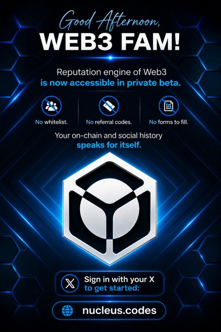 A Web3 promotional graphic saying 'Good Afternoon, WEB3 FAM!' announcing the Nucleus reputation engine private beta at nucleus.codes, with 'No whitelist, No referral codes, No forms to fill.'