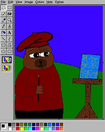 A MS Paint-style drawing of a brown bear wearing a red beret and sweater, holding a paintbrush and standing next to an easel with a blue painting.