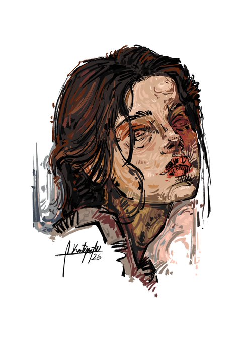 A stylized digital illustration depicts a person with dark hair and a bruised, bloodied face, signed by the artist.