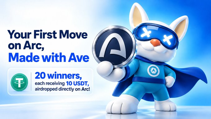 Promotional banner 'Your First Move on Arc, Made with Ave' featuring a white cat mascot in blue superhero attire with X-shaped sunglasses, offering 10 USDT airdrops to 20 winners on Arc.