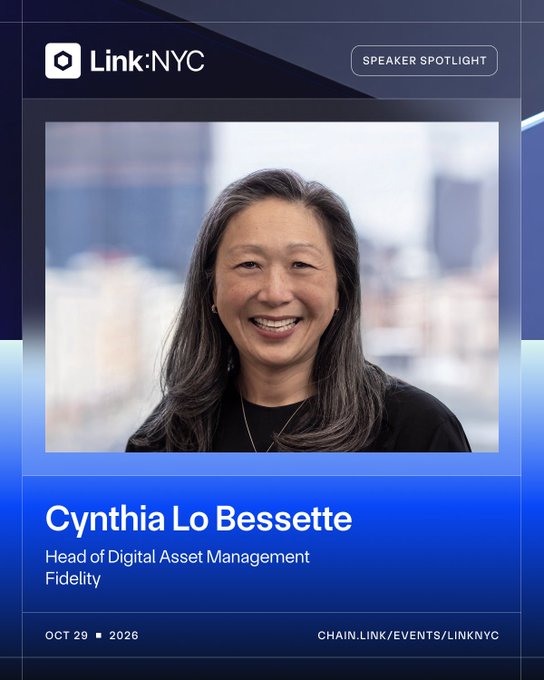 A promotional graphic for Link:NYC features a "SPEAKER SPOTLIGHT" on Cynthia Lo Bessette, Head of Digital Asset Management at Fidelity, with an event date of OCT 29, 2026.