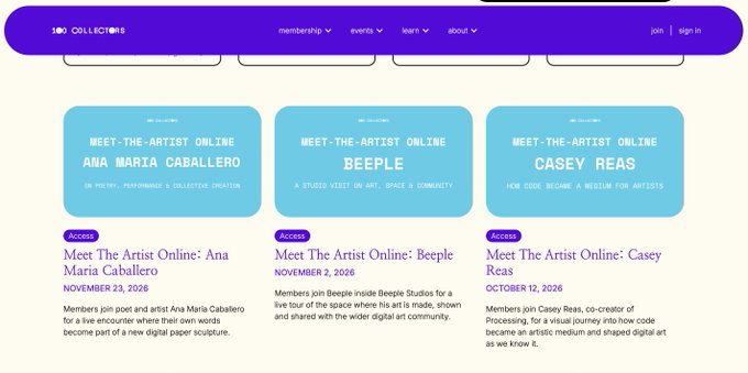 A screenshot of the '180 COLLECTIONS' website displays 'Meet The Artist Online' event cards for Ana Maria Caballero, Beeple, and Casey Reas, with upcoming dates in October and November 2026.