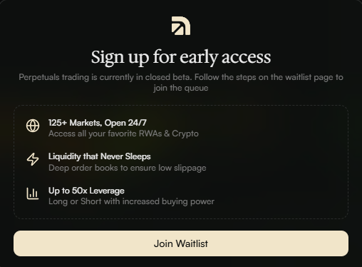 A promotional sign-up page for a perpetuals trading platform in closed beta, advertising 125+ markets, 24/7 access, liquidity features, and up to 50x leverage.